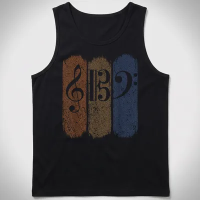 Retro distressed music teacher t-shirt featuring musical clefs in orange, tan, and blue — printed on a tank top
