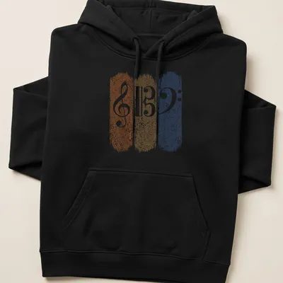 Retro distressed music teacher t-shirt featuring musical clefs in orange, tan, and blue — printed on a unisex hoodie