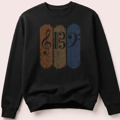 Retro distressed music teacher t-shirt featuring musical clefs in orange, tan, and blue — printed on a unisex sweatshirt