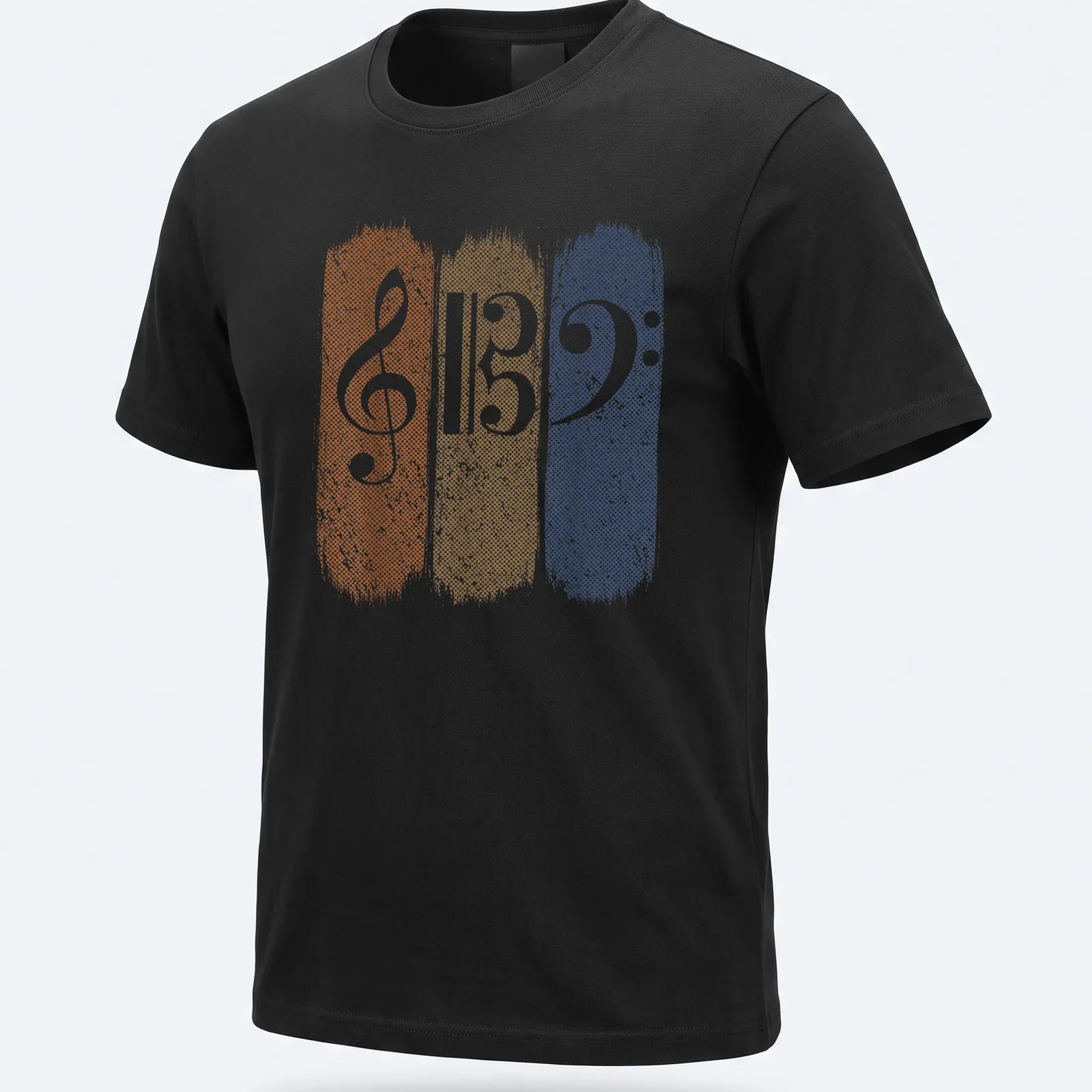 Retro distressed music teacher t-shirt featuring musical clefs in orange, tan, and blue — printed on a unisex t-shirt