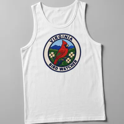 Vintage patch design featuring a Northern Cardinal on a birdwatching — printed on a tank top
