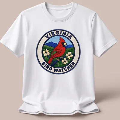 Vintage patch design featuring a Northern Cardinal on a birdwatching t-shirt