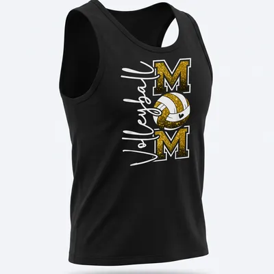 Volleyball Mom T-shirt with glittery black and gold text and a volleyball graphic. — printed on a tank top