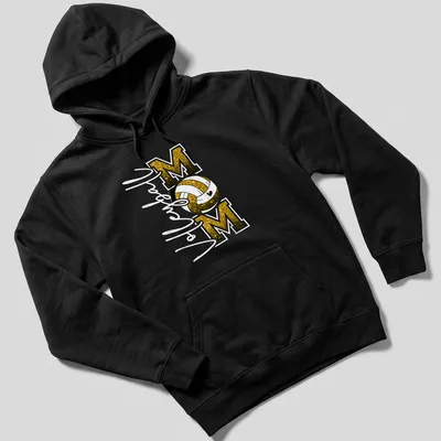 Volleyball Mom T-shirt with glittery black and gold text and a volleyball graphic. — printed on a unisex hoodie