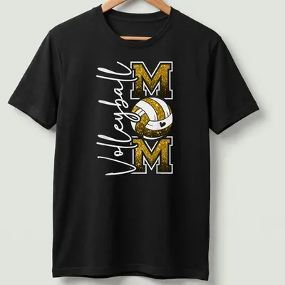 Volleyball Mom T-shirt with glittery black and gold text and a volleyball graphic.