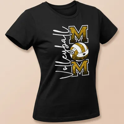 Volleyball Mom T-shirt with glittery black and gold text and a volleyball graphic. — printed on a women's shirt