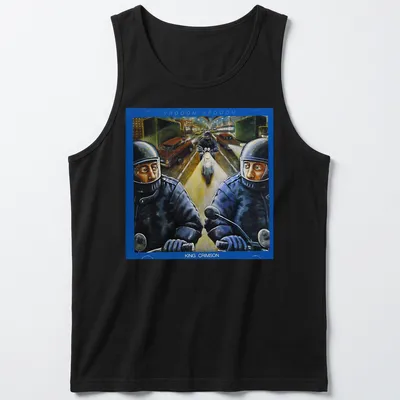 Vintage motorcycle-themed t-shirt with bold VROOOM VROOOM KING CRIMSON text — printed on a tank top