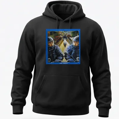 Vintage motorcycle-themed t-shirt with bold VROOOM VROOOM KING CRIMSON text — printed on a unisex hoodie
