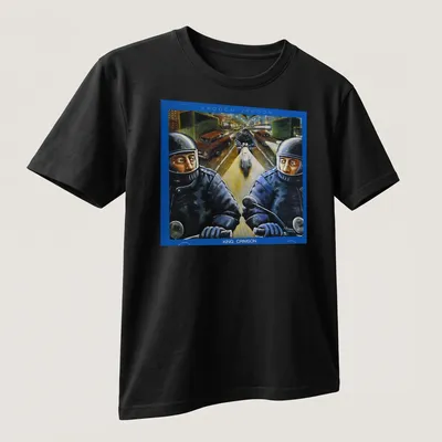 Vintage motorcycle-themed t-shirt with bold VROOOM VROOOM KING CRIMSON text — printed on a unisex t-shirt (angled view)