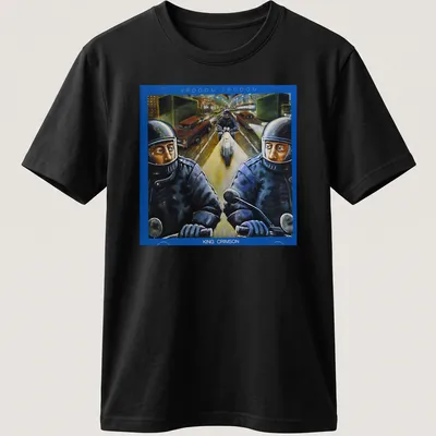 Vintage motorcycle-themed t-shirt with bold VROOOM VROOOM KING CRIMSON text