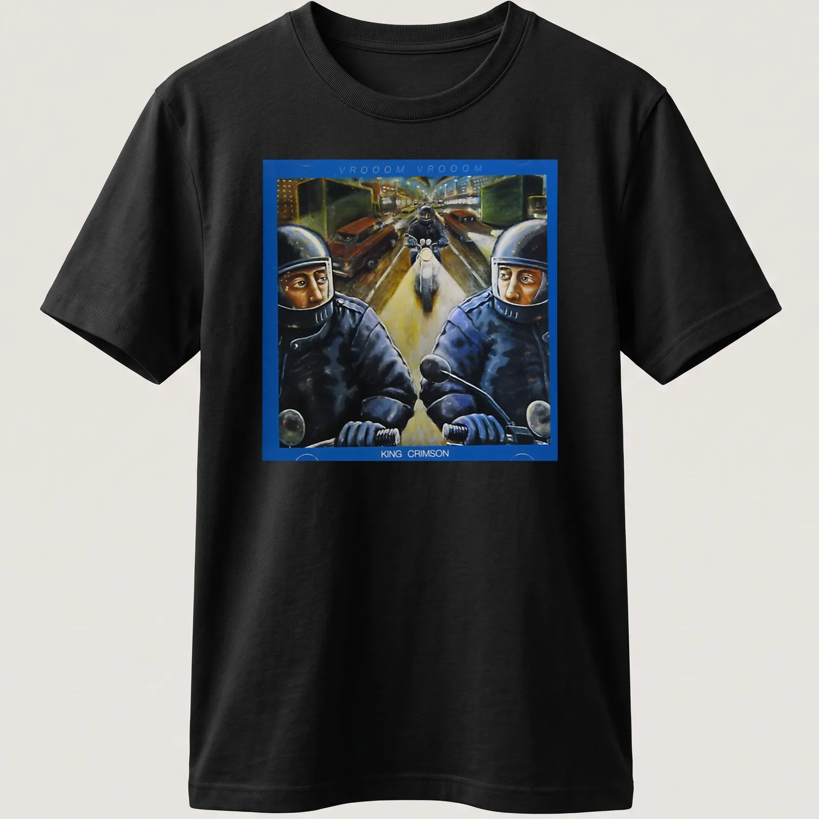 Vintage motorcycle-themed t-shirt with bold VROOOM VROOOM KING CRIMSON text — printed on a unisex t-shirt