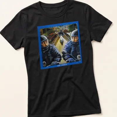 Vintage motorcycle-themed t-shirt with bold VROOOM VROOOM KING CRIMSON text — printed on a women's shirt