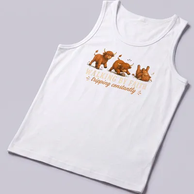 Cartoon Highland cow with the text 'WALKING BY FAITH tripping constantly' in playful colors — printed on a tank top