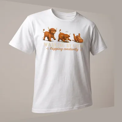 Cartoon Highland cow with the text 'WALKING BY FAITH tripping constantly' in playful colors — printed on a unisex t-shirt (angled view)