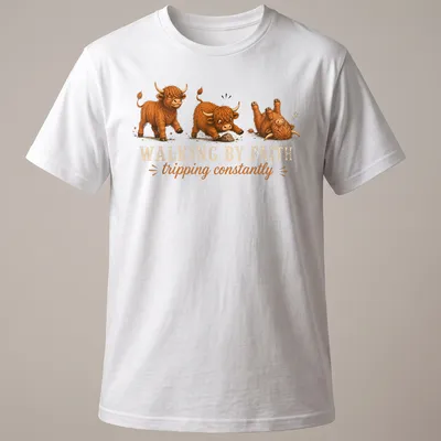 Cartoon Highland cow with the text 'WALKING BY FAITH tripping constantly' in playful colors