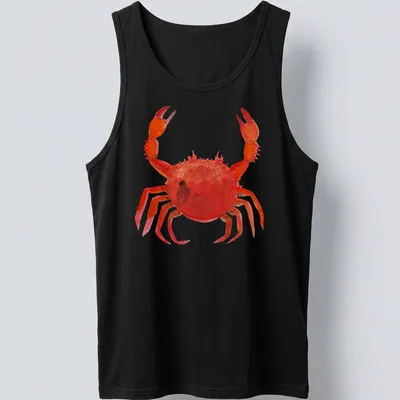 Watercolor print of a lively red crab with orange and black accents — printed on a tank top