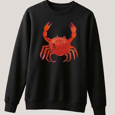 Watercolor print of a lively red crab with orange and black accents — printed on a unisex sweatshirt