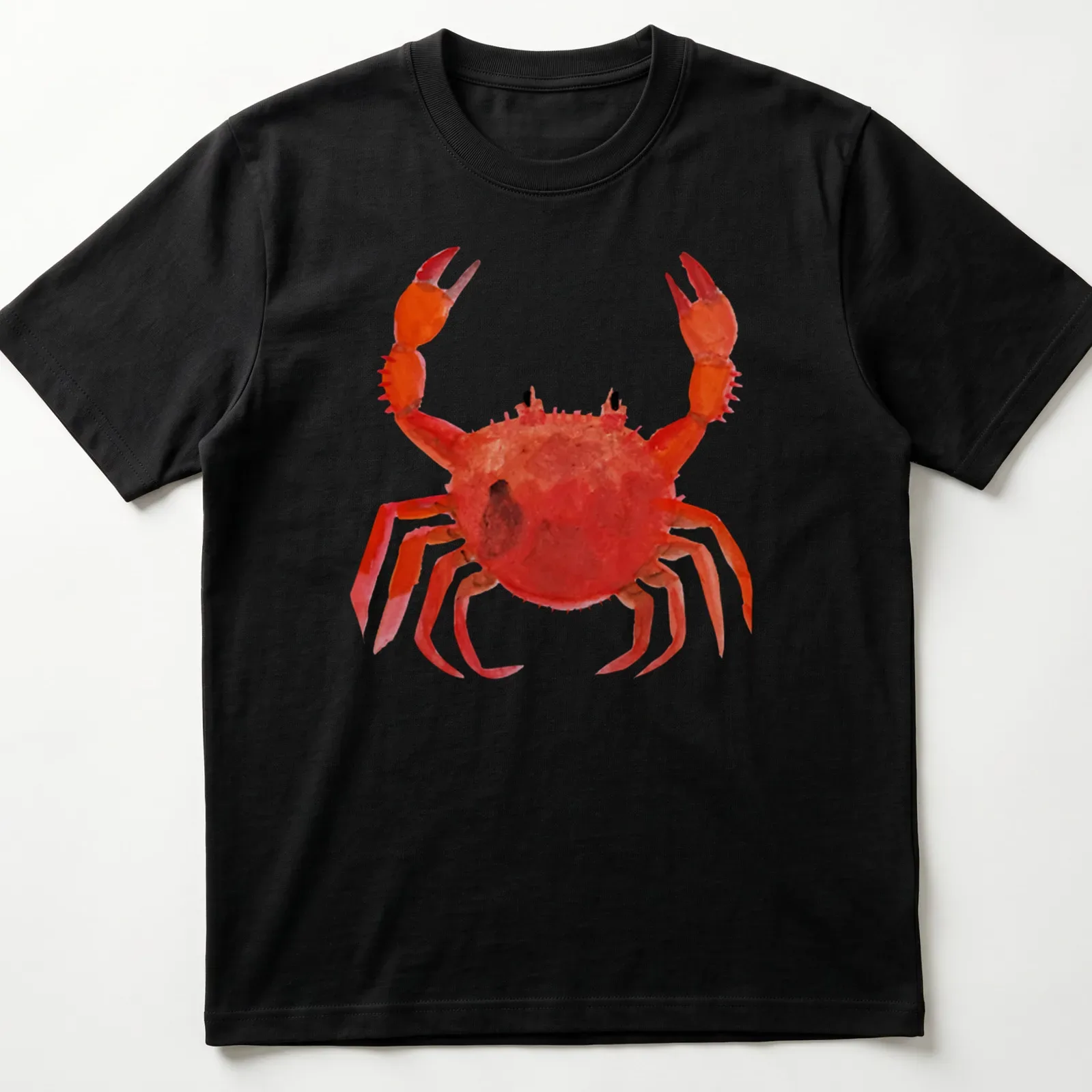 Watercolor print of a lively red crab with orange and black accents — printed on a unisex t-shirt