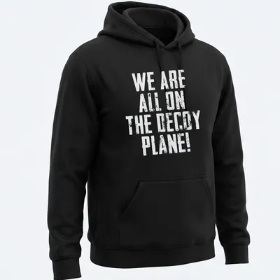 Vintage distressed shirt with bold text reading 'We Are All On The Decoy Plane!' — printed on a unisex hoodie