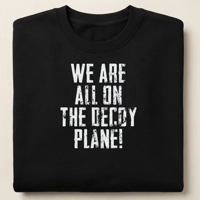 Vintage distressed shirt with bold text reading 'We Are All On The Decoy Plane!' — printed on a unisex sweatshirt