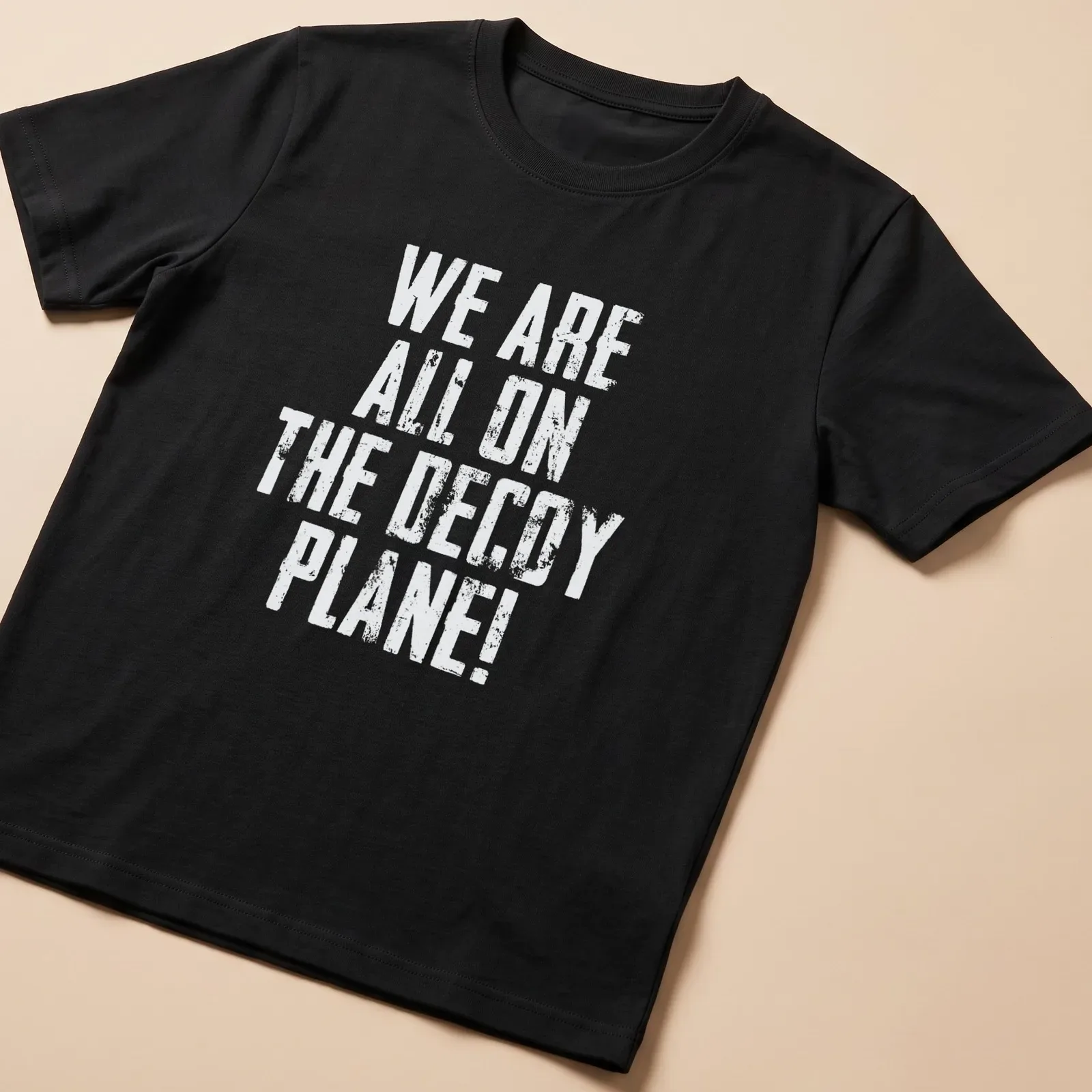 Vintage distressed shirt with bold text reading 'We Are All On The Decoy Plane!' — printed on a unisex t-shirt