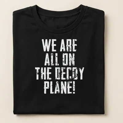 Vintage distressed shirt with bold text reading 'We Are All On The Decoy Plane!' — printed on a women's shirt