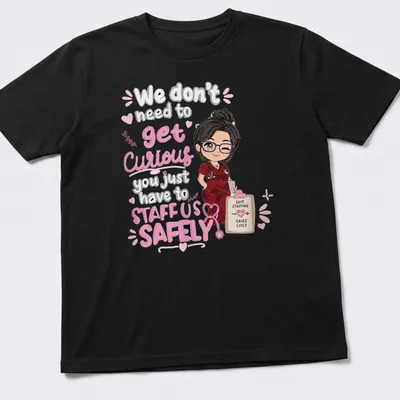 Kawaii illustration of a female nurse with text about staffing safety.