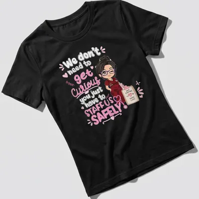 Kawaii illustration of a female nurse with text about staffing safety. — printed on a women's shirt