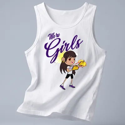 Kawaii style illustration of a girl with boxing gloves and text We're Girls — printed on a tank top