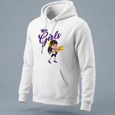 Kawaii style illustration of a girl with boxing gloves and text We're Girls — printed on a unisex hoodie