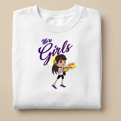 Kawaii style illustration of a girl with boxing gloves and text We're Girls — printed on a unisex sweatshirt
