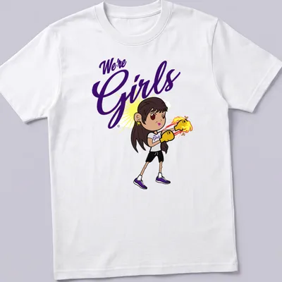 Kawaii style illustration of a girl with boxing gloves and text We're Girls