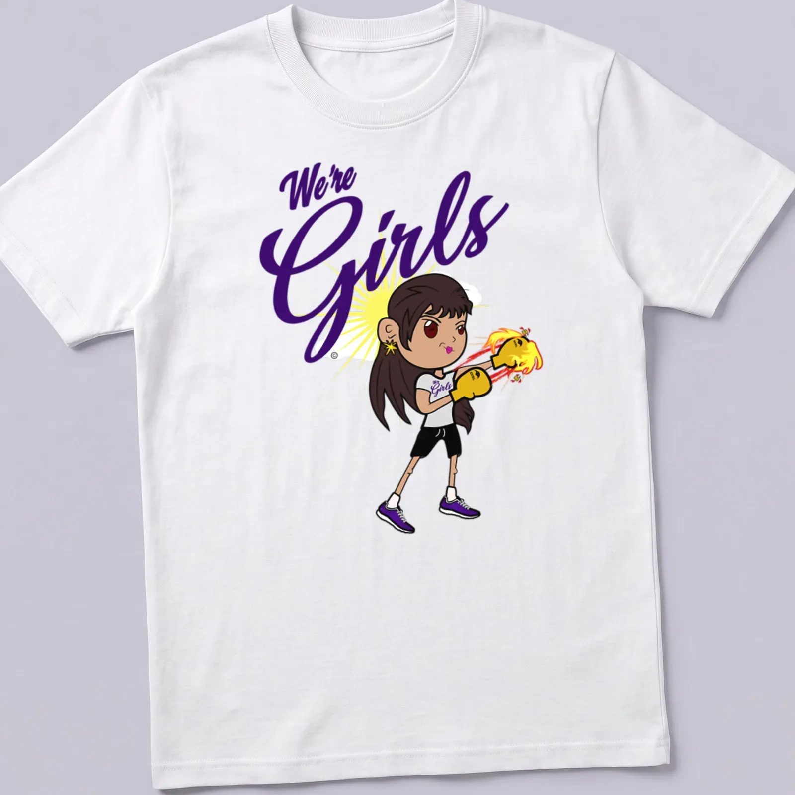Kawaii style illustration of a girl with boxing gloves and text We're Girls — printed on a unisex t-shirt