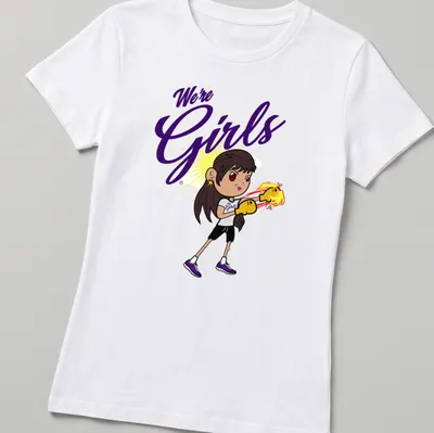 Kawaii style illustration of a girl with boxing gloves and text We're Girls — printed on a women's shirt