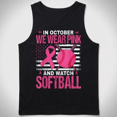 Bold graphic tee featuring pink ribbon and softball design — printed on a tank top