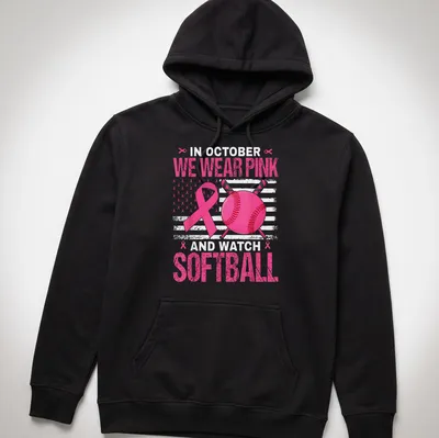 Bold graphic tee featuring pink ribbon and softball design — printed on a unisex hoodie