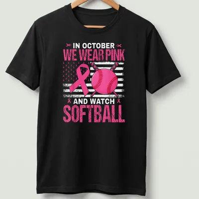 Bold graphic tee featuring pink ribbon and softball design