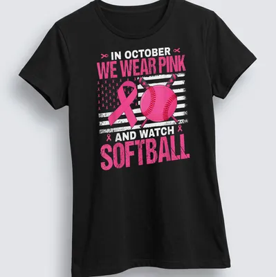 Bold graphic tee featuring pink ribbon and softball design — printed on a women's shirt