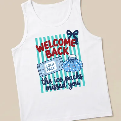 Kawaii style shirt featuring cute cold and ice packs with playful text — printed on a tank top