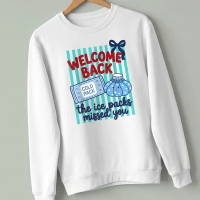 Kawaii style shirt featuring cute cold and ice packs with playful text — printed on a unisex sweatshirt