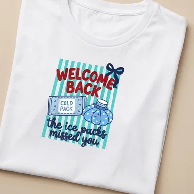 Kawaii style shirt featuring cute cold and ice packs with playful text — printed on a women's shirt