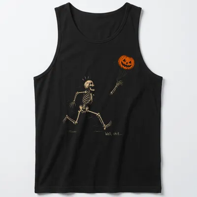 Playful line-art of a skeleton running with a pumpkin and humorous text above — printed on a tank top