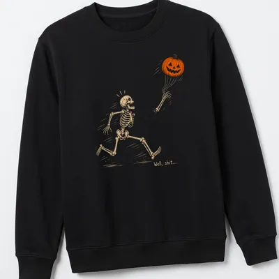 Playful line-art of a skeleton running with a pumpkin and humorous text above — printed on a unisex sweatshirt
