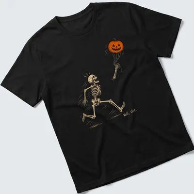 Playful line-art of a skeleton running with a pumpkin and humorous text above