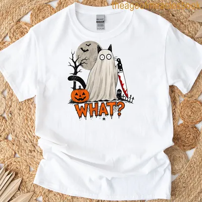 Kawaii ghost cat holding a knife with text WHAT? in bold above