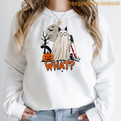 Kawaii ghost cat holding a knife with text WHAT? in bold above — printed on a sweatshirt
