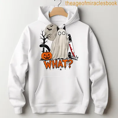 Kawaii ghost cat holding a knife with text WHAT? in bold above — printed on a unisex hoodie