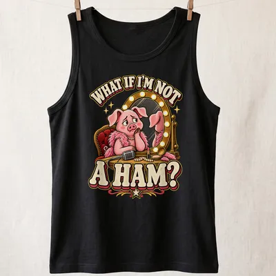 Cartoon vintage t-shirt featuring a worried pig looking into a mirror with the text about being a ham — printed on a tank top