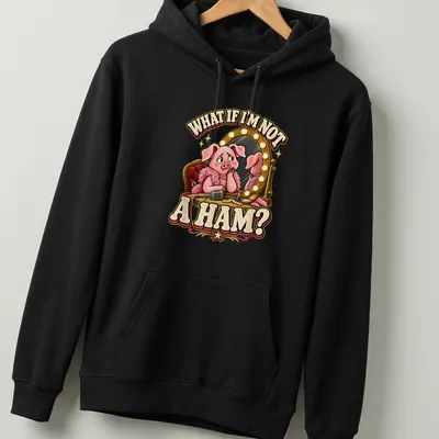 Cartoon vintage t-shirt featuring a worried pig looking into a mirror with the text about being a ham — printed on a unisex hoodie