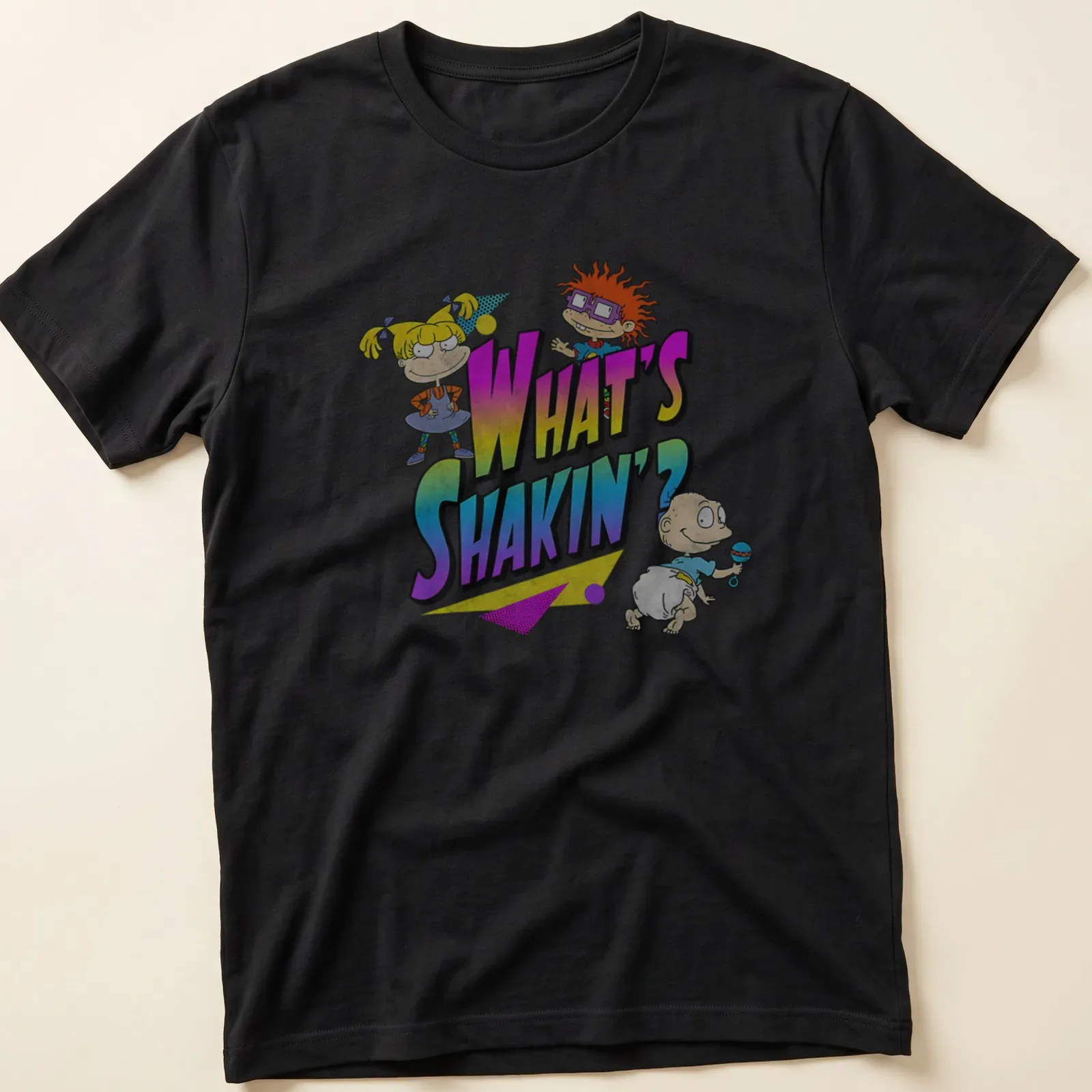 Neon retro print featuring Chuckie, Angelica, and Tommy with colorful text — printed on a unisex t-shirt